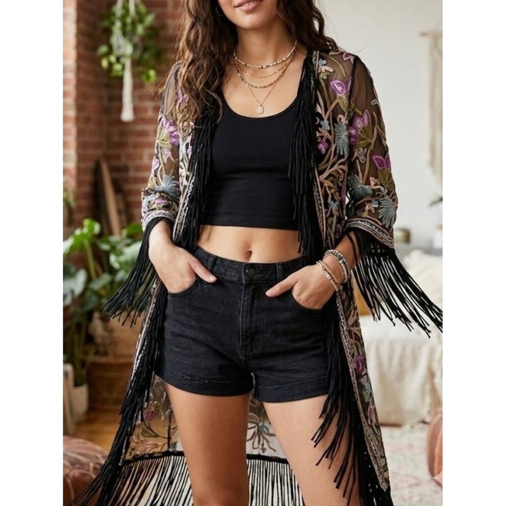 SHYANNE XS Black‎ Colorful Embroidered Kimono Fringe Sheer Country Western Rodeo